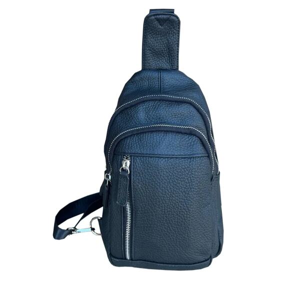 Cal-Wyn NWT Black Cowhide Leather Sling Bag with Adjustable Shoulder Strap - Picture 1 of 4